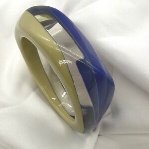 Vintage Chunky Large Striped Bangle Bracelet Navy Blue Clear Geometric Wide